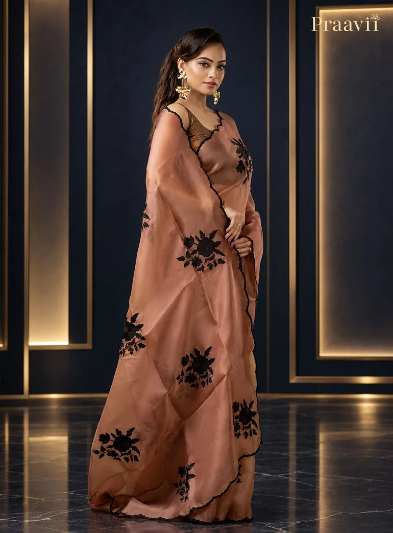 Nude Brown Organza Saree with Applique Patch Work