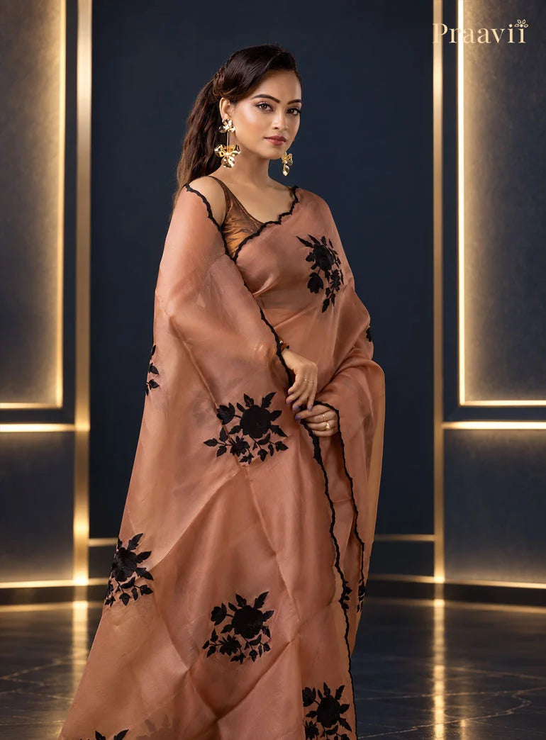 Nude Brown Organza Saree with Applique Patch Work