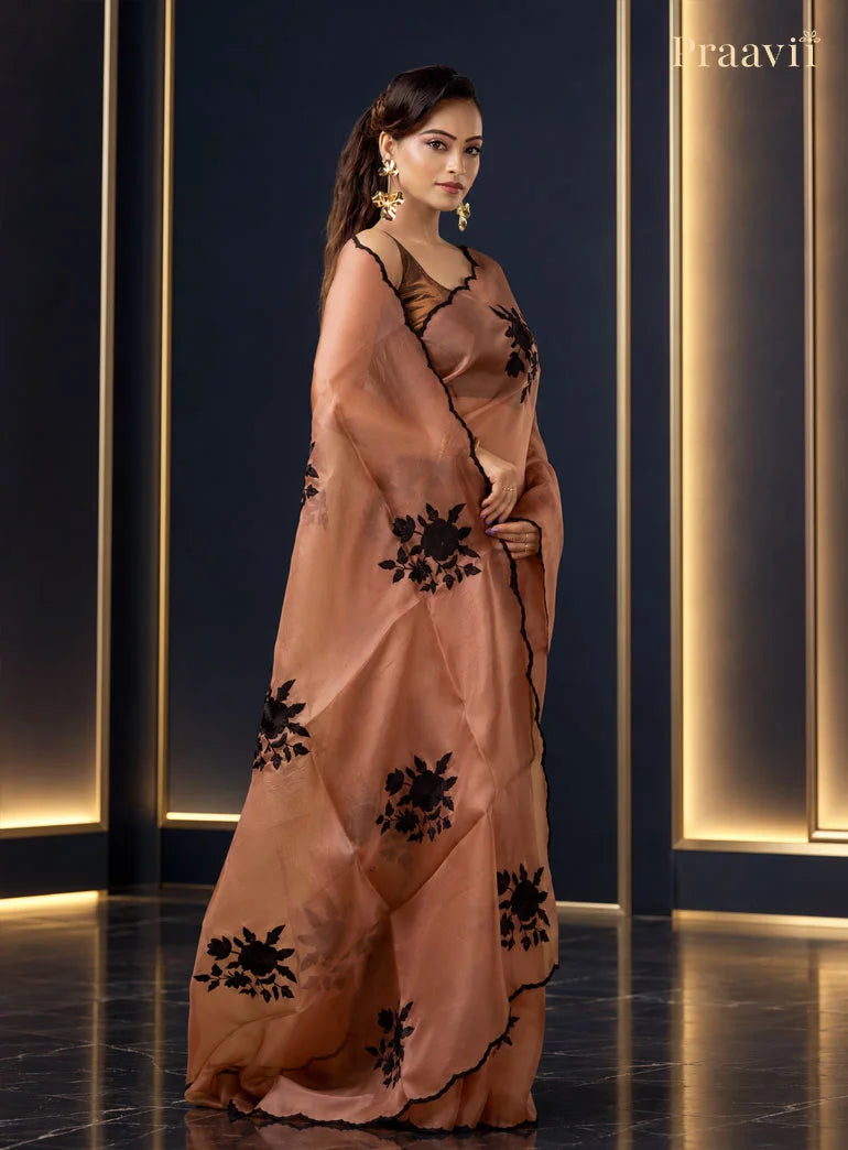 Nude Brown Organza Saree with Applique Patch Work