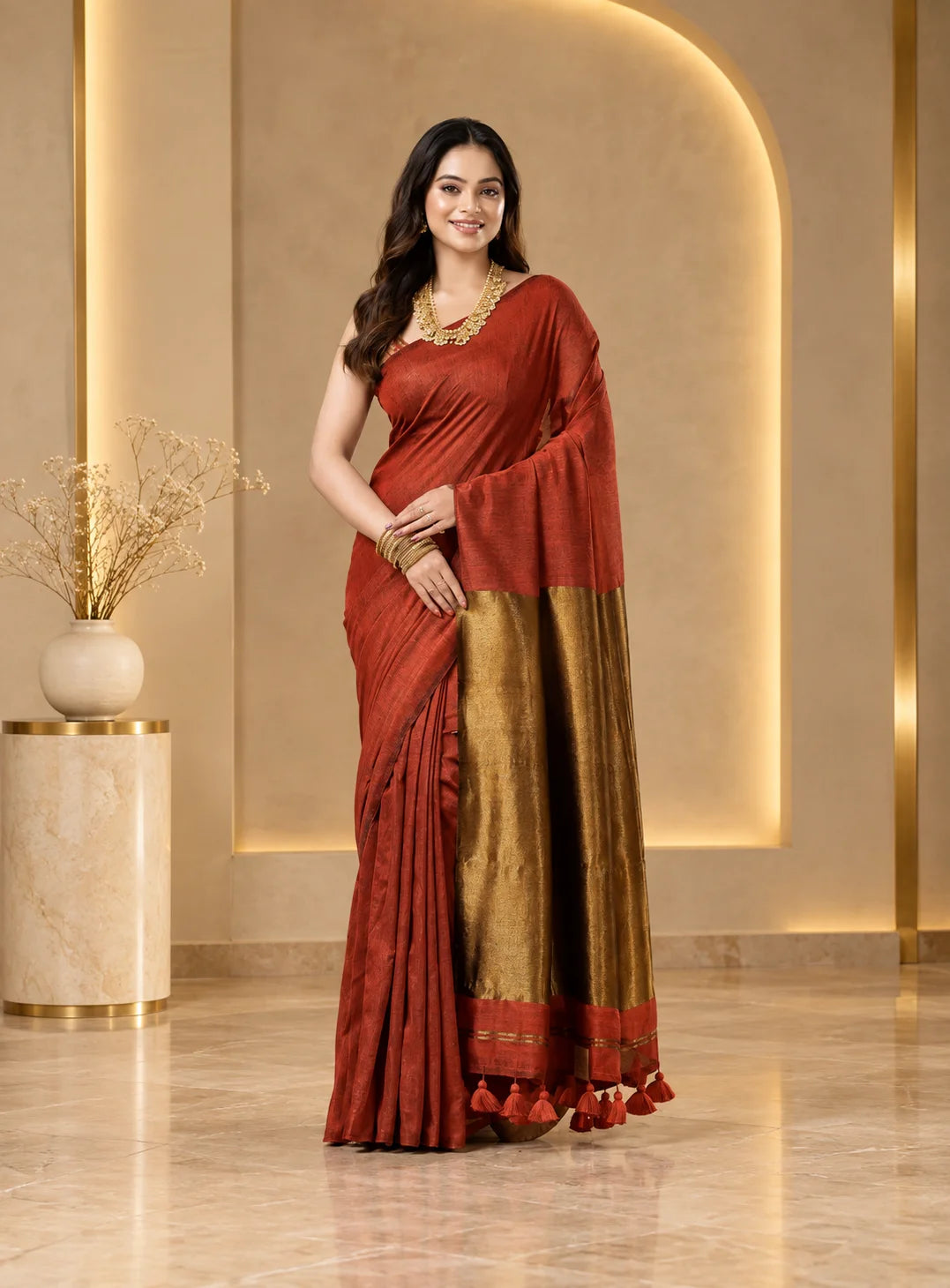 Rust Colour Silk by Cotton Tissue Saree