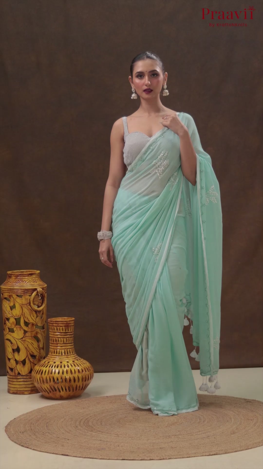Mint Blue Mulmul Cotton Saree with Hand Embroidery