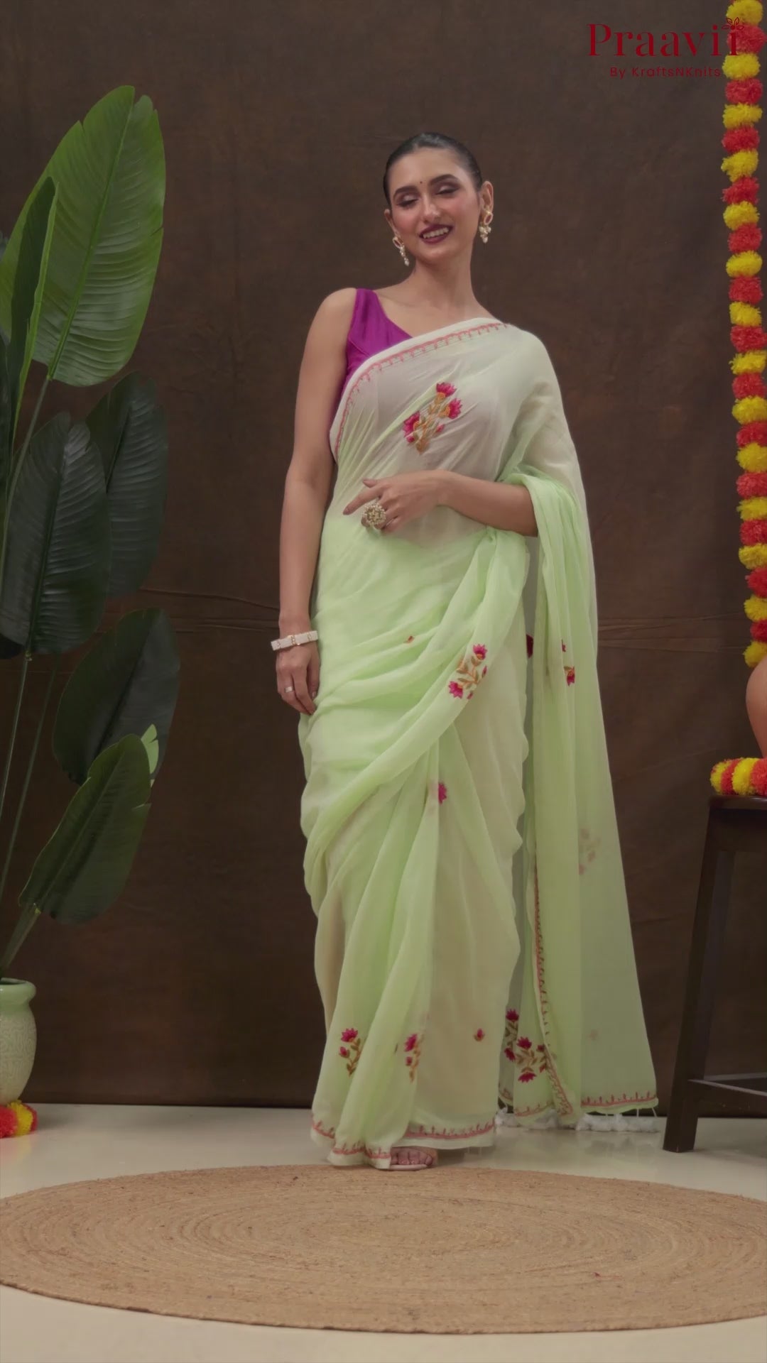 Pastel Green Mulmul Cotton Saree with Hand Embroidery