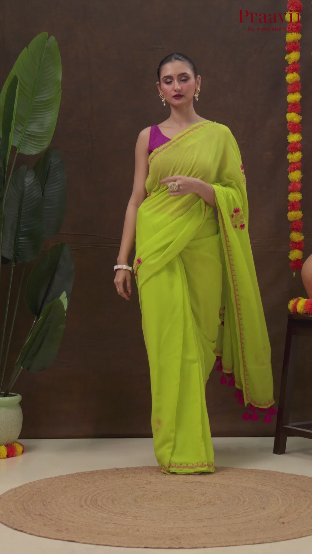Lime Green Handloom Mulmul Cotton Saree with Hand Embroidery