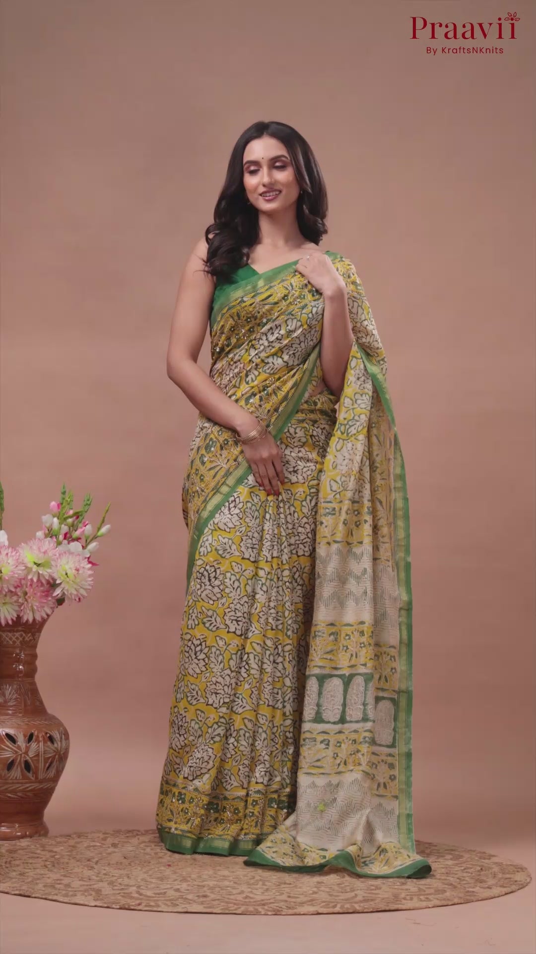 Yellow Chanderi Hand Block Print Saree