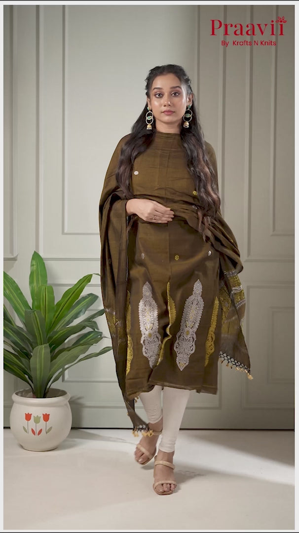 Deep Brown Jamdani Cotton Unstitched Suit Set