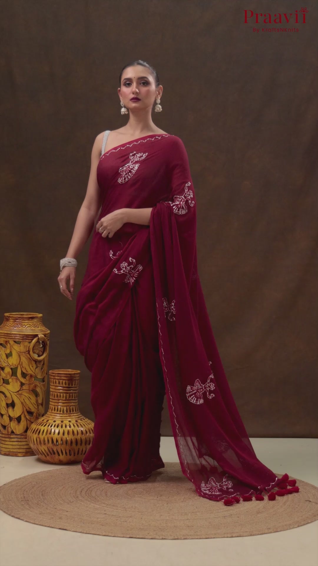 Deep Maroon Mulmul Cotton Saree with Embroidery