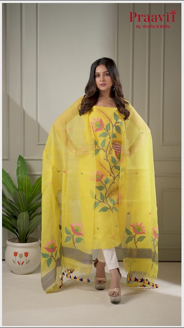 Yellow Unstitched Muslin Jamdani Suit Set