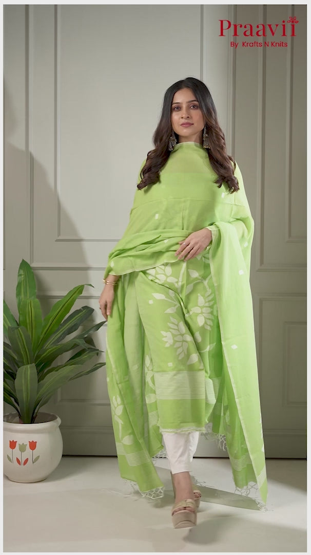 Lime Green Cotton Jamdani Unstitched Suit Set
