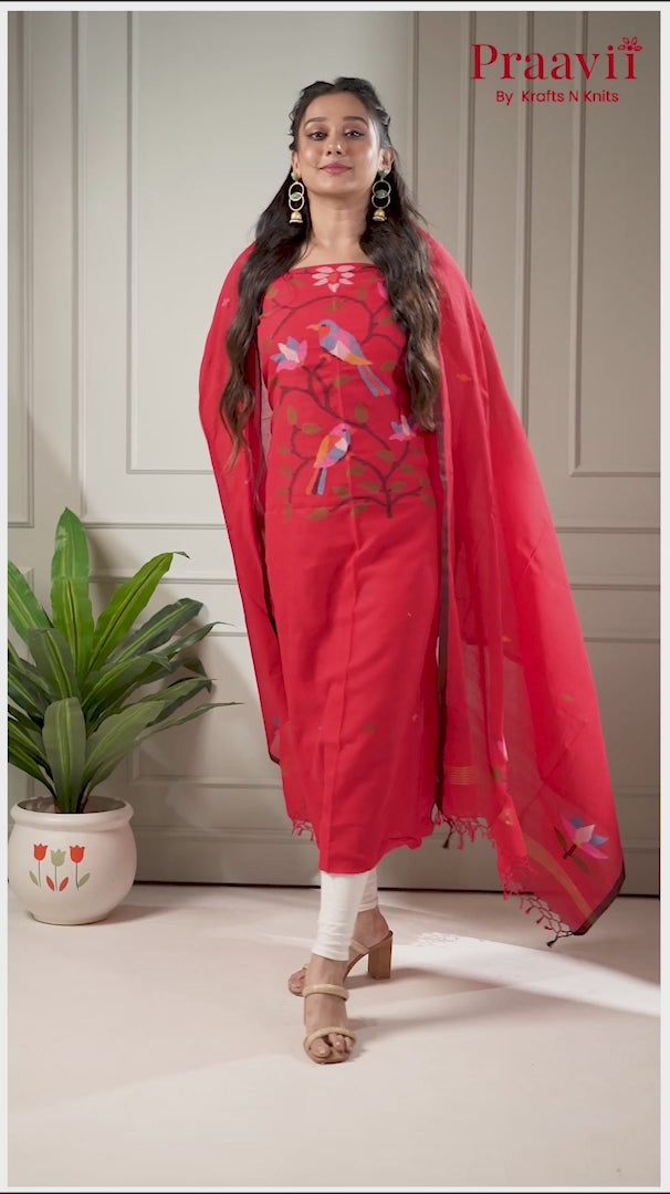 Red Handwoven Cotton Jamdani Unstitched Suit Set