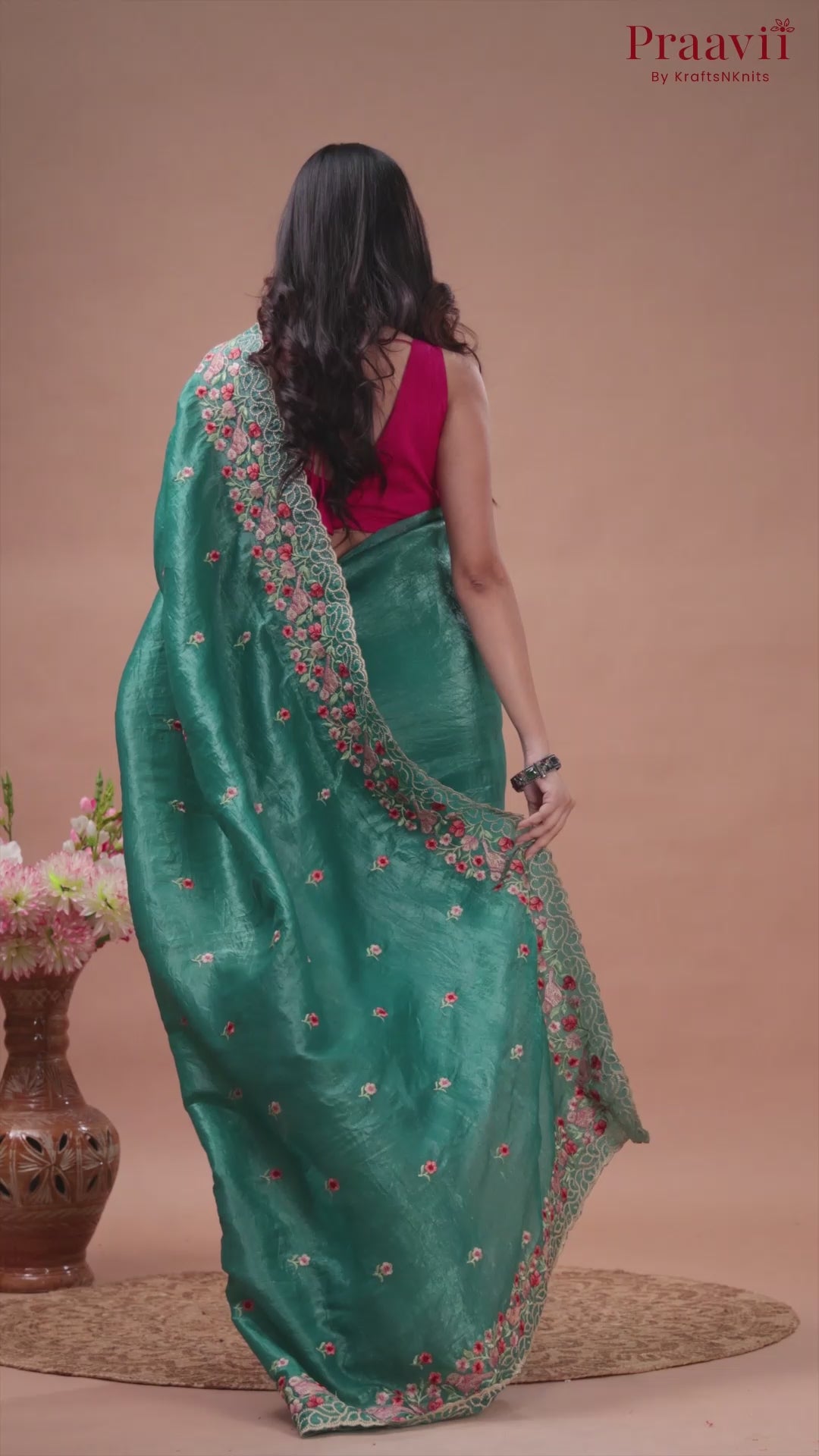 Teal Blue Glass Tissue Saree with Embroidered Borders