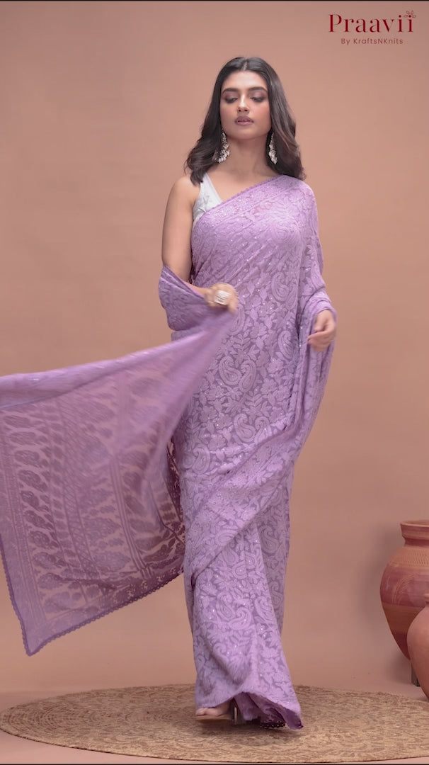 Kairi Violet Georgette Lucknow Chikankari Saree