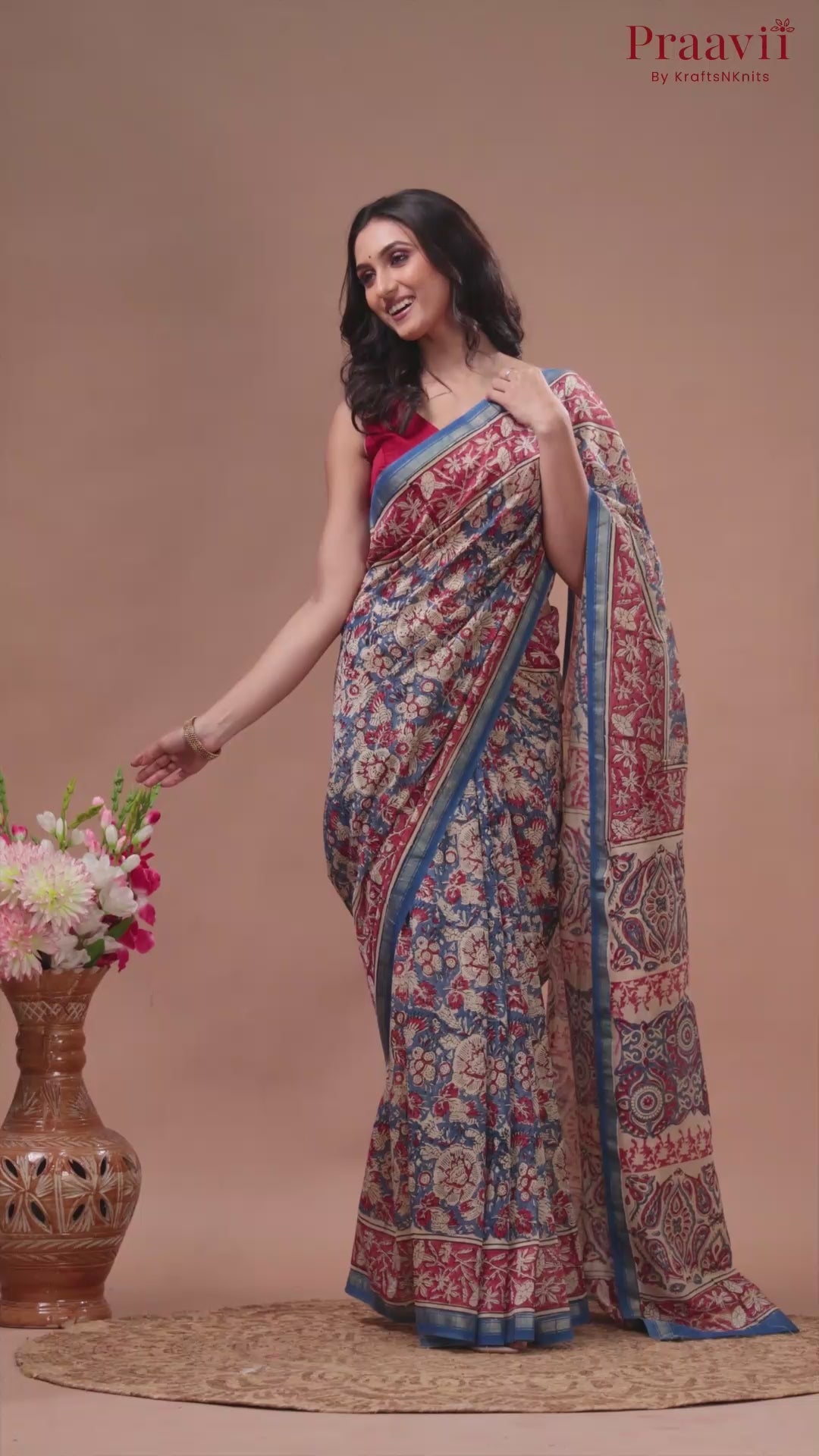 Red & Blue Printed Cotton Chanderi Saree