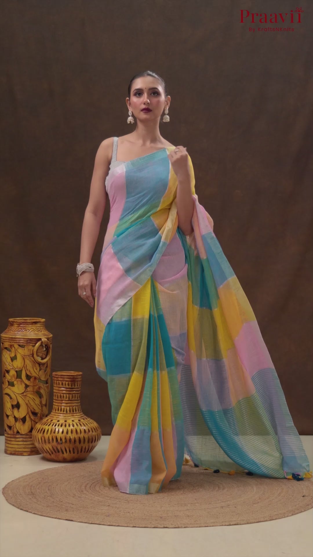 Multi-Coloured Checkered linen Saree