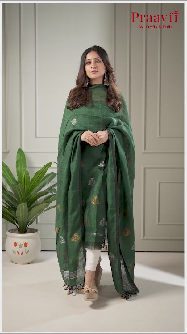 Bottle Green Linen Jamdani Unstitched Suit Set