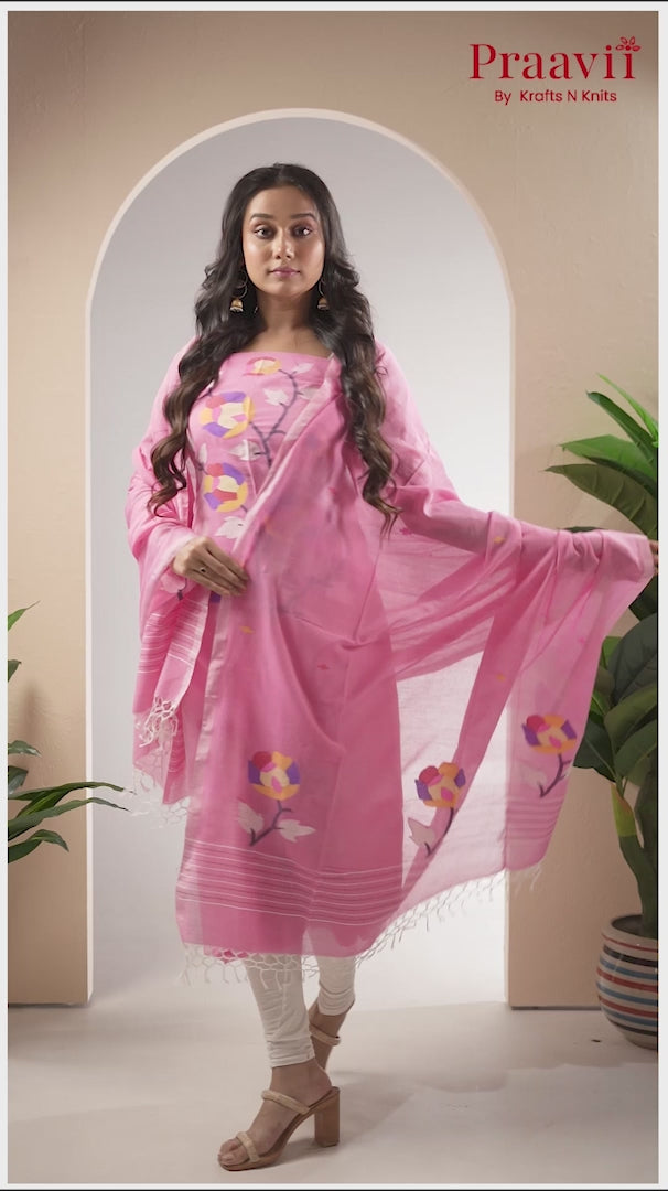 Pink Cotton Handwoven Jamdani Unstitched Suit Set