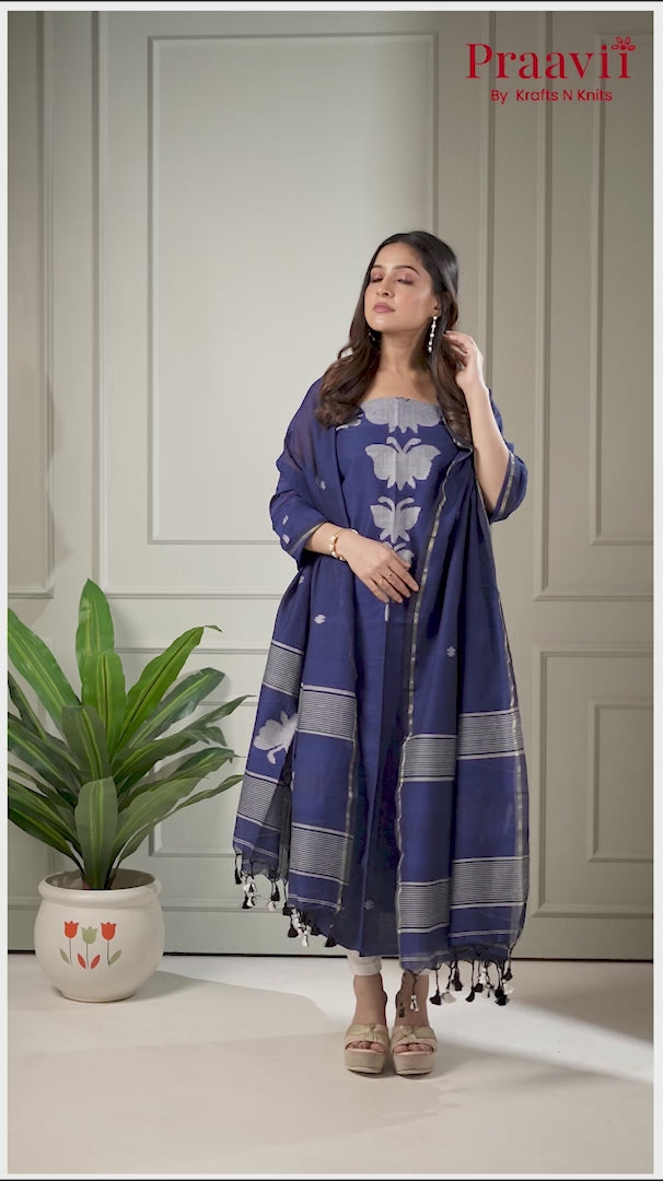Navy Blue Butterfly Jamdani Unstitched Suit Set Cotton