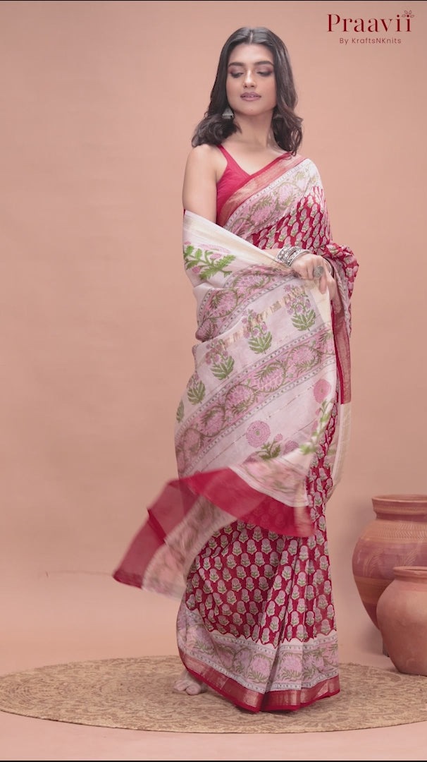 Red Maheshwari Silk by Cotton Hand Block Print Saree