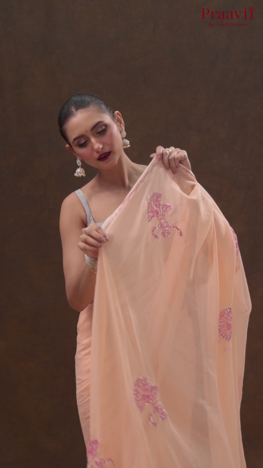 Creamy Peach Mulmul Cotton Saree with Hand Embroidery