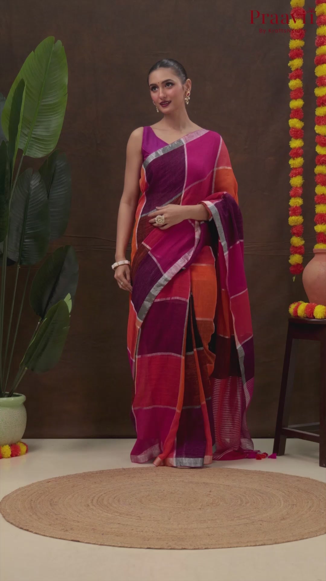 Multicolor Checkered Linen Saree with Silver Zari