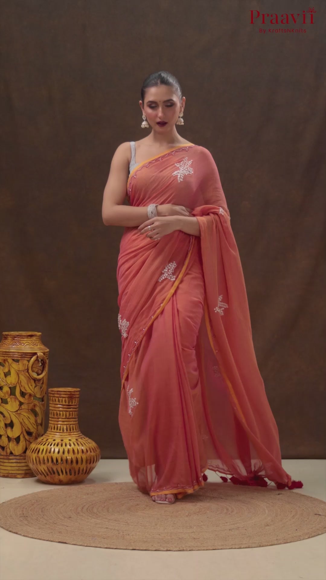 Sunset Orange Mulmul Cotton Saree with Hand Embroidery