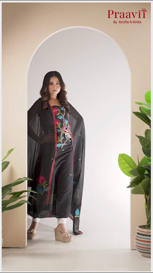 Black Cotton Jamdani Handwoven Unstitched Suit Set