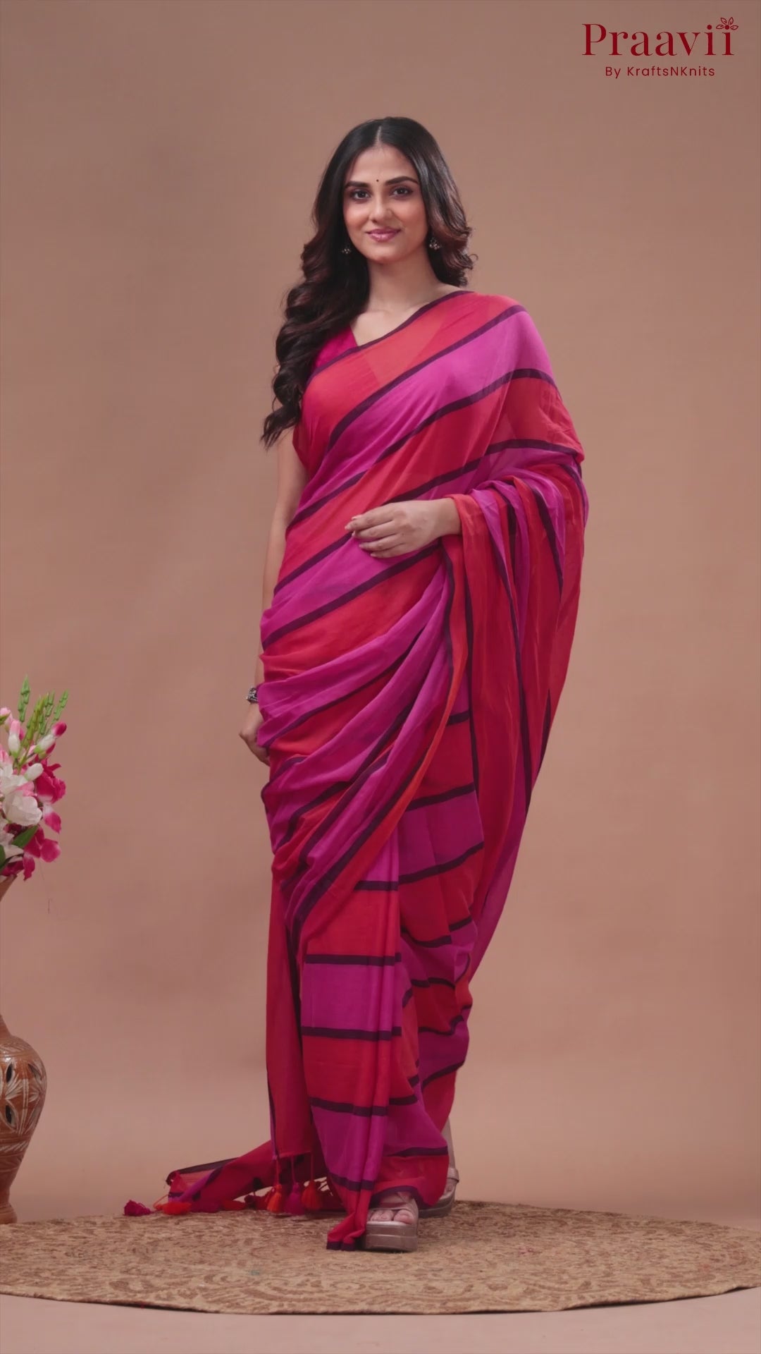 Orange & Pink Mulmul Cotton Saree