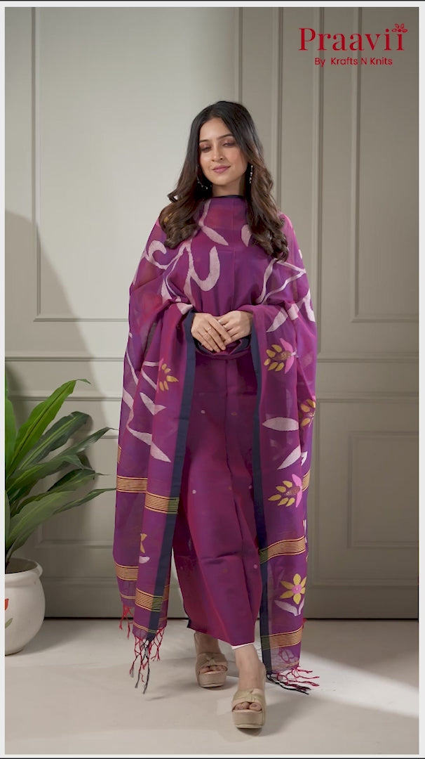 Purple Handwoven Cotton Jamdani Unstitched Suit Set
