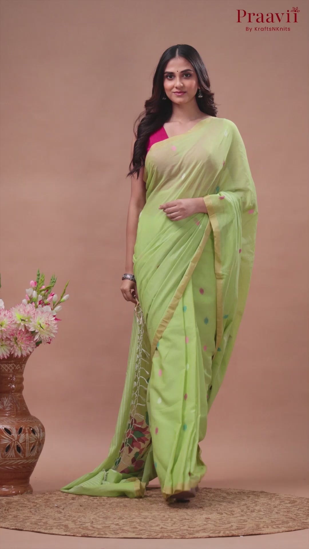 Pista Green Handwoven cotton Jamdani saree
