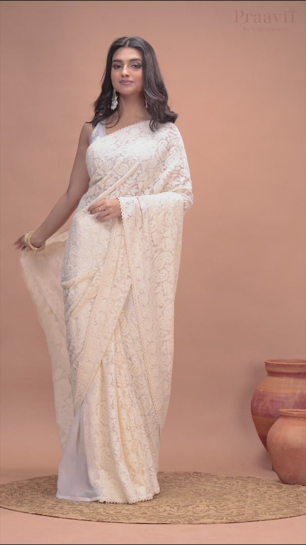 Kairi Off-White Georgette Lucknow Chikankari Saree