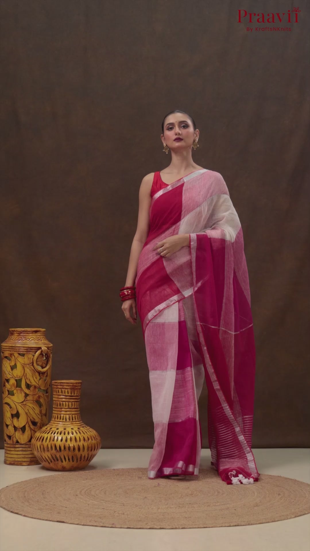 Multi-tone Red Checkered Linen Saree