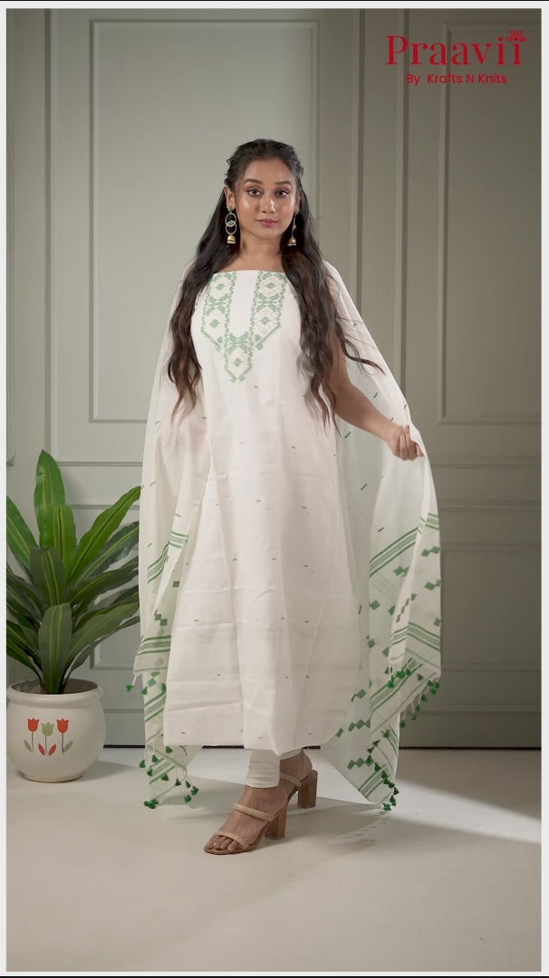 White Dhakai Jamdani Unstitched Cotton Suit Set