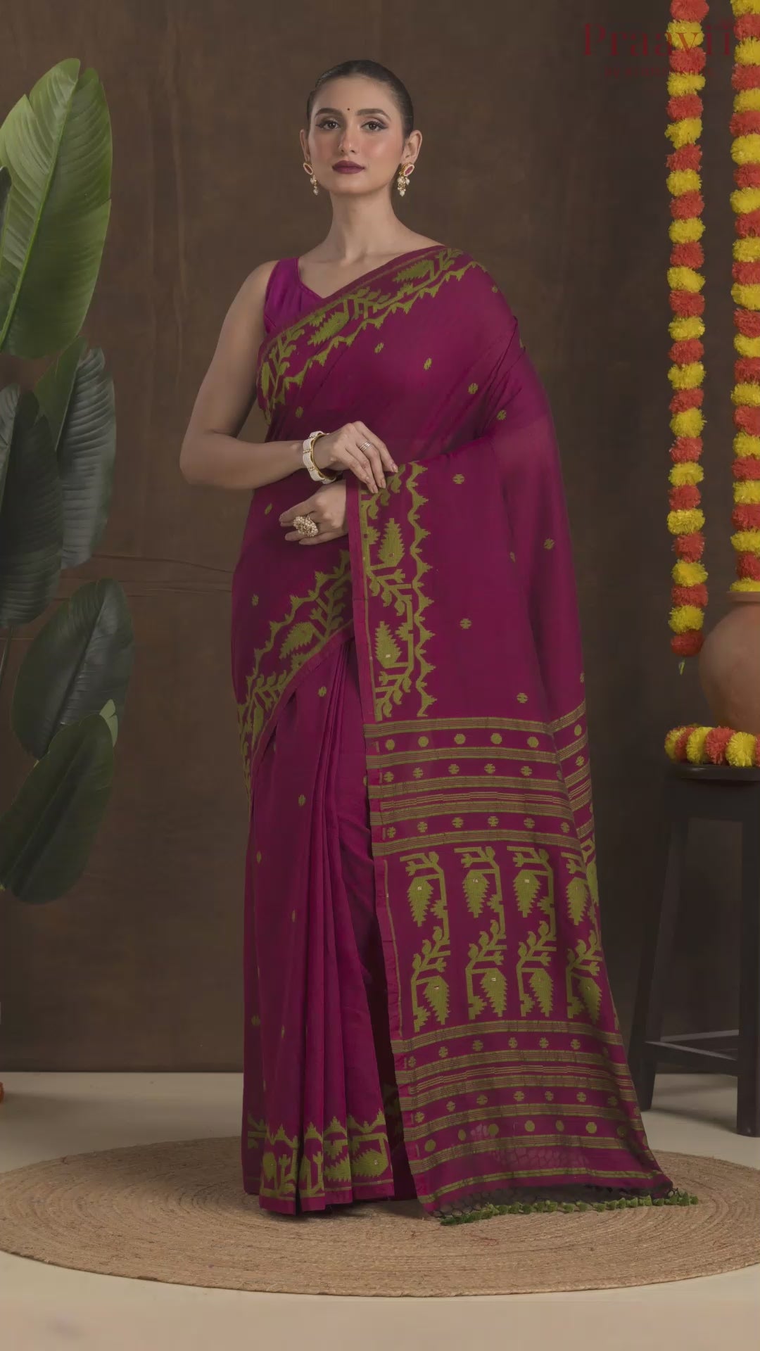 Wine and Green Jamdani Saree