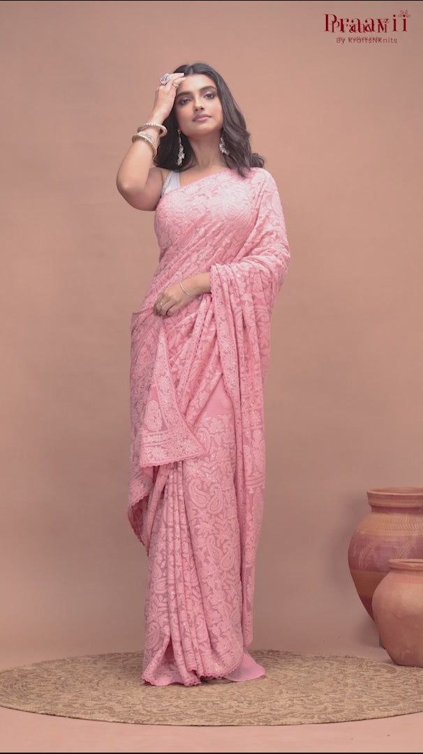 Kairi Pink Georgette Lucknow Chikankari Saree