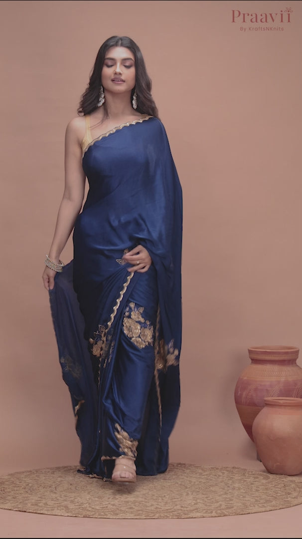Blue Crepe Satin Gold Metal Hand Work Saree