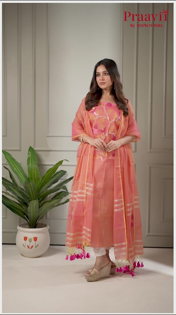 Peach Muslin Jamdani Unstitched Suit Set