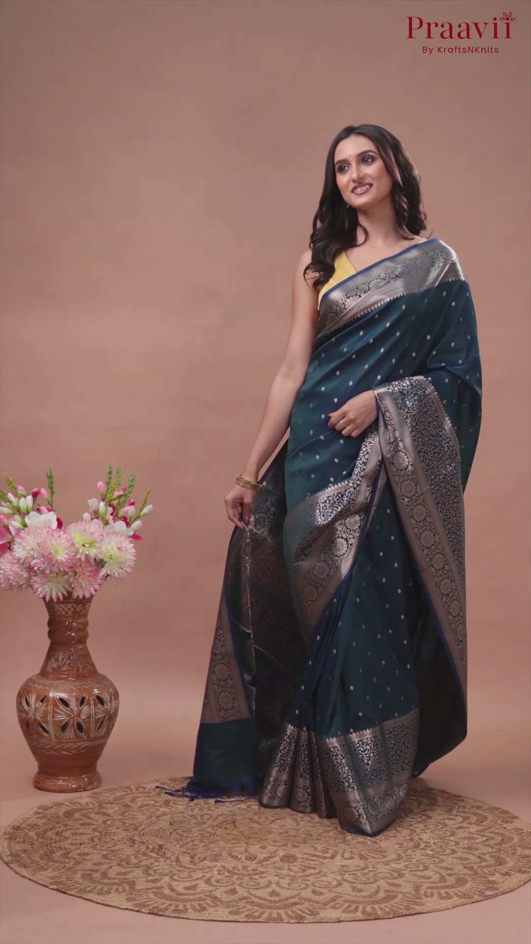 Dark teal blue semi silk saree with gold  border