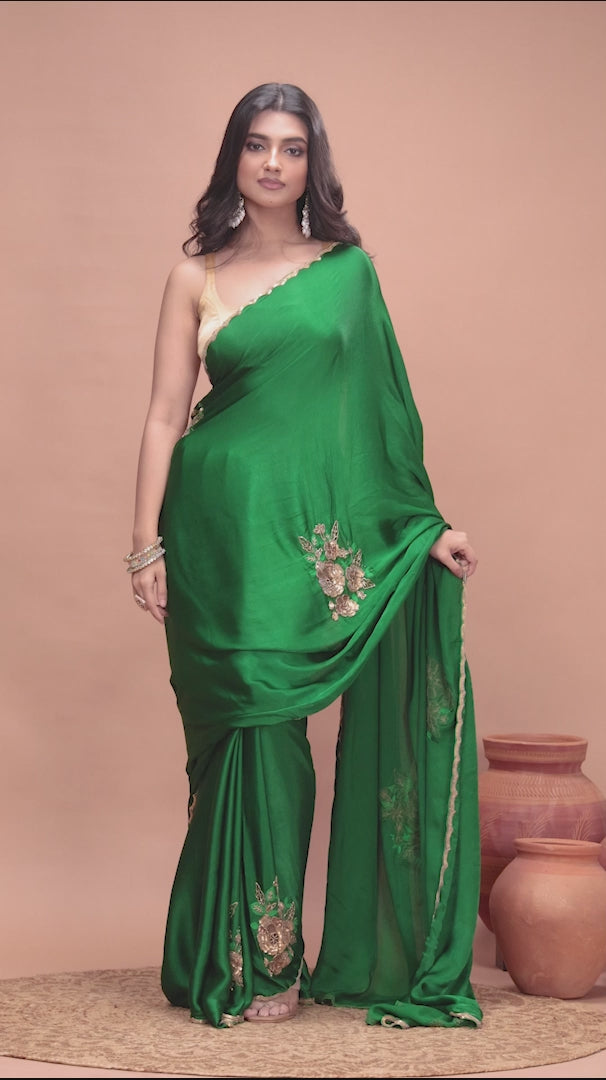 Green Crepe Satin Gold Metal Hand Work Saree